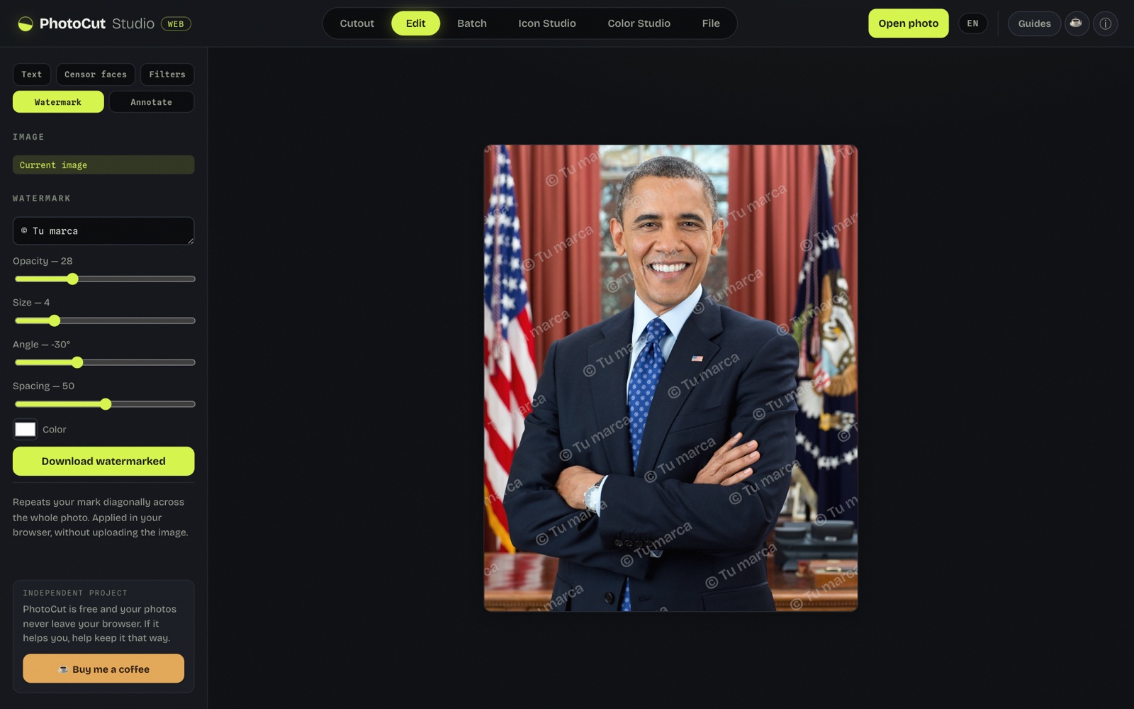 PhotoCut Studio's watermark tool: text repeated diagonally over the photo, with opacity, size, angle and density controls.