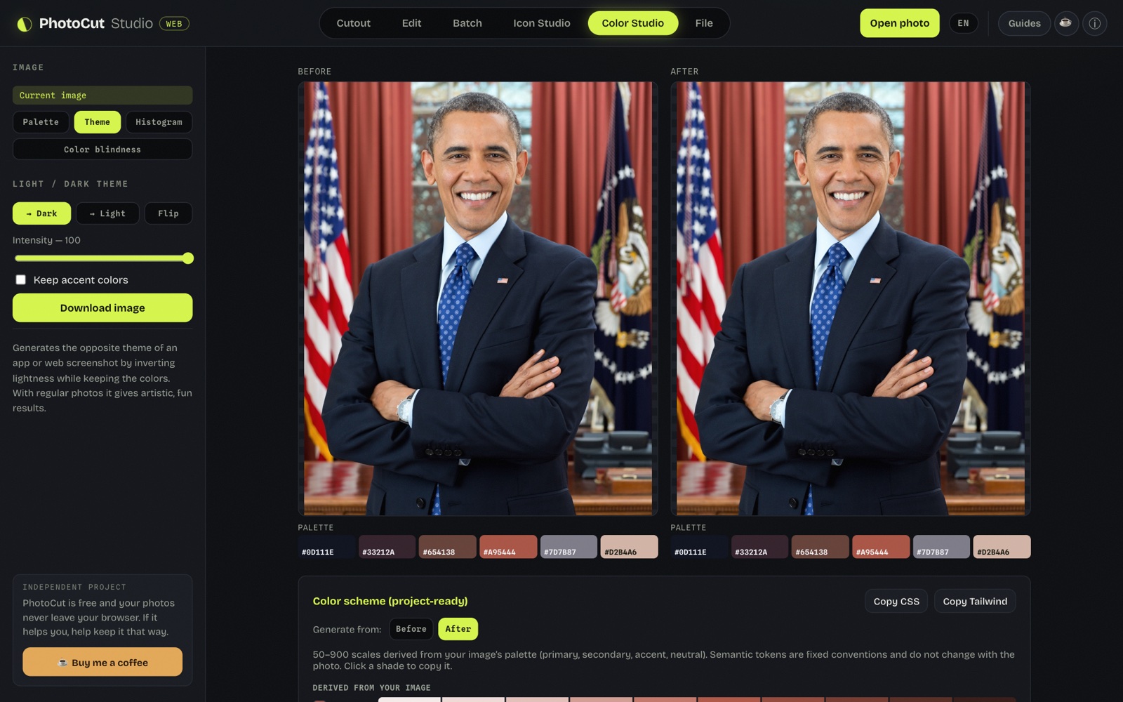 PhotoCut Studio's Color Studio generating a screenshot's dark mode: before/after with the inverted theme and the color scheme ready to copy as CSS or Tailwind.