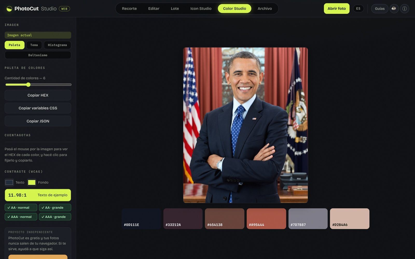 Color Studio de PhotoCut Studio mostrando una paleta de 6 colores extraída de una foto, con sus códigos HEX y botones para copiar HEX, CSS y JSON.
